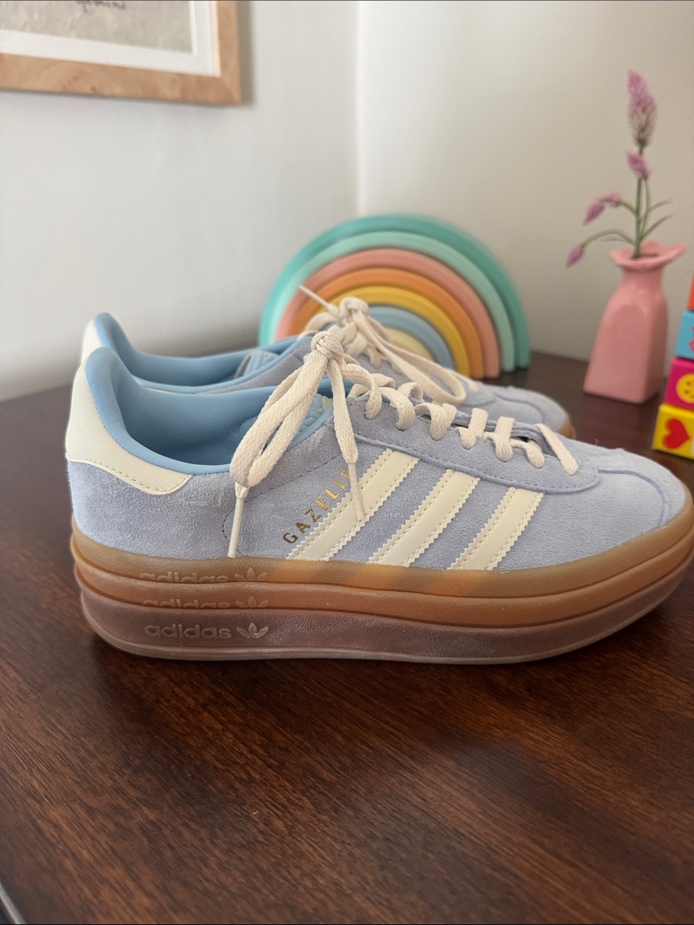 adidas Gazelle Platform Sneakers in Light Blue with Cream Accents